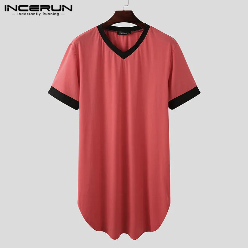 INCERUN New Men's Nightgown Fashion Patchwork Sleep Robe Solid Sleepwear Short Sleeve Bathrobe Loose V Neck Homewear S-5XL 2022