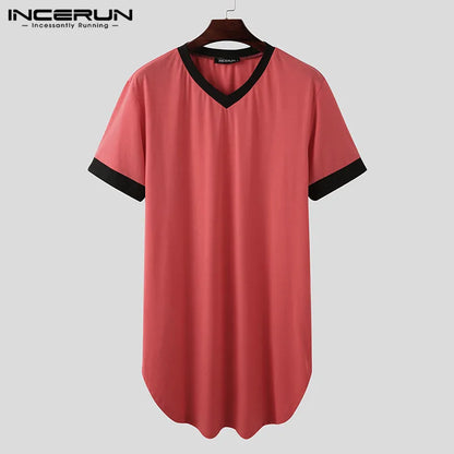 INCERUN New Men's Nightgown Fashion Patchwork Sleep Robe Solid Sleepwear Short Sleeve Bathrobe Loose V Neck Homewear S-5XL 2022