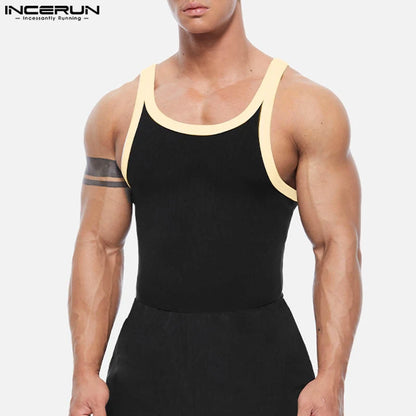 INCERUN Tops 2024 Koreanische Stil Mode Für Männer Sexy Engen Kragen Kontrast Farbe Westen Sommer Streetwear Ärmellose Tank Tops S-5XL