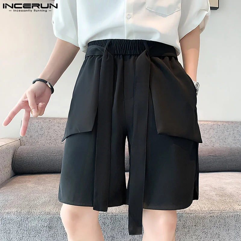 INCERUN 2024 Korean Style Shorts New Mens Ribbon Design Straight Leg Shorts Casual Well Fitting Male Wide Leg Cargo Shorts S-5XL