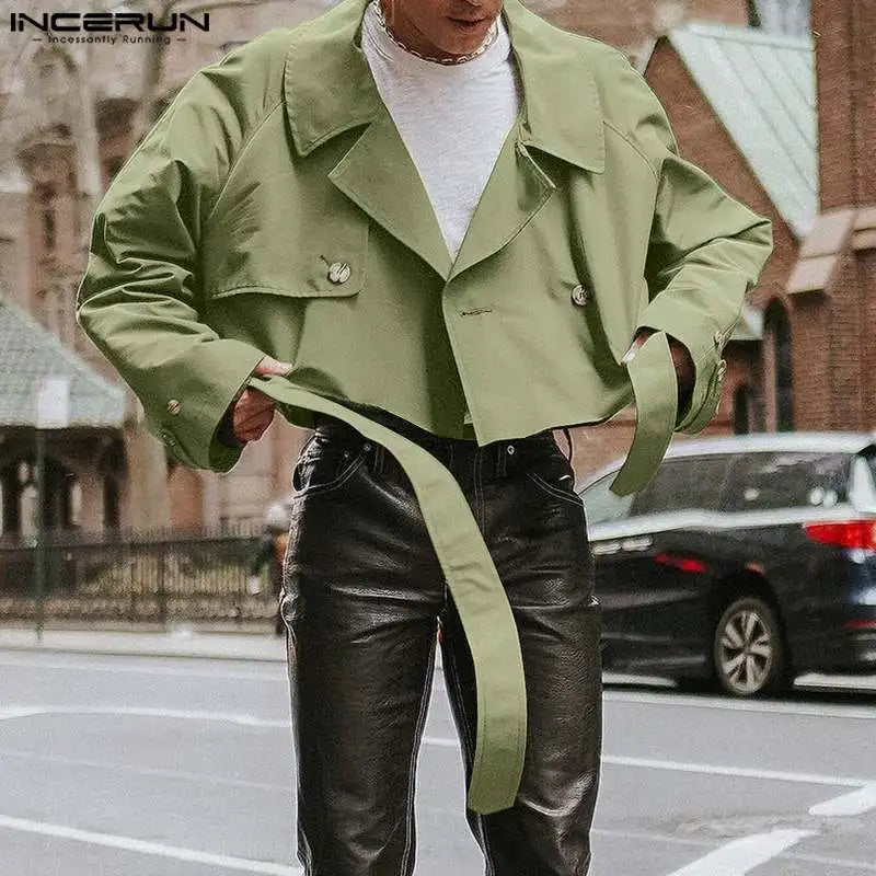 INCERUN Tops 2023 Style américain Beau Nouveau Hommes Solide Court Cravate Conception Veste Décontractée Homme Revers Trench Veste Manteaux S-5XL