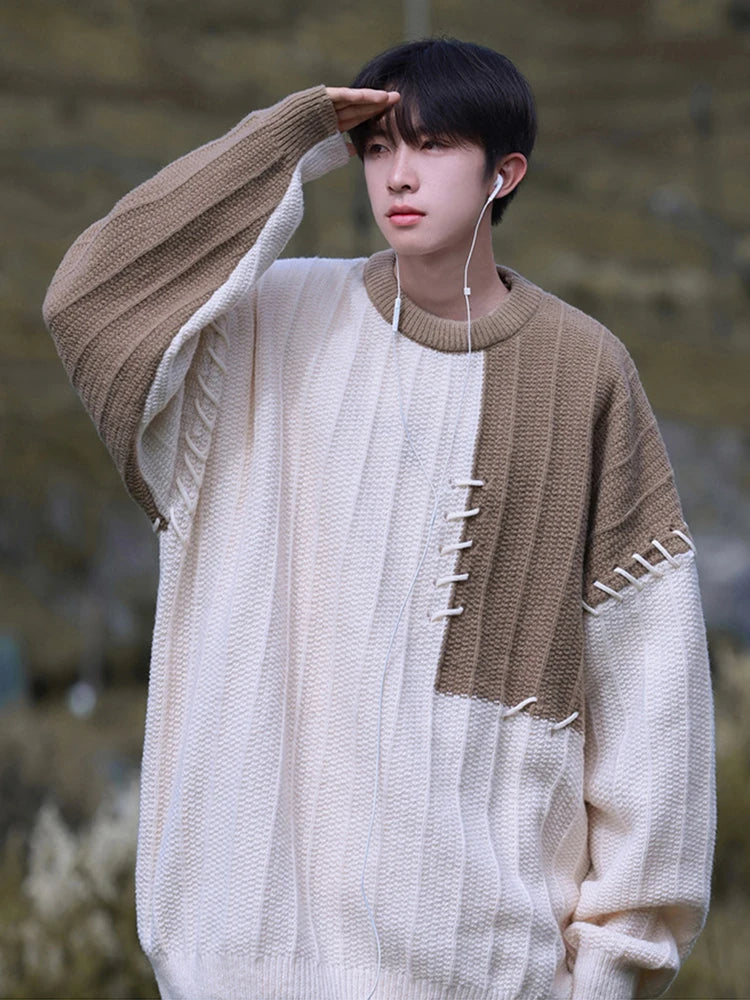 HOUZHOU Knitted Sweater Men Pullover Oversize Sweaters Male Winter Harajuku Casual Streetwear Patchwork Autumn Hip Hop Spliced