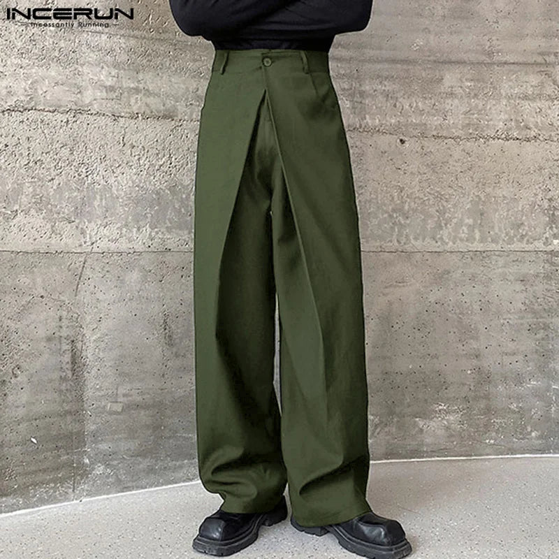 INCERUN 2024 Koreanische Stil Neue Männer Hosen Plissee Doppel Bund Design Hosen Casual Streetwear Männlichen Breite Bein Pantalons S-5XL