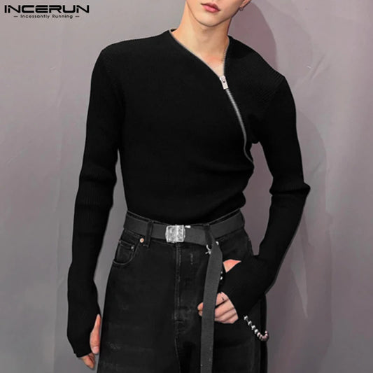 2023 Men's T Shirt Zipper Solid Color Long Sleeve Fashion Men Clothing Streetwear Fitness Korean Casual Tee Tops S-5XL INCERUN