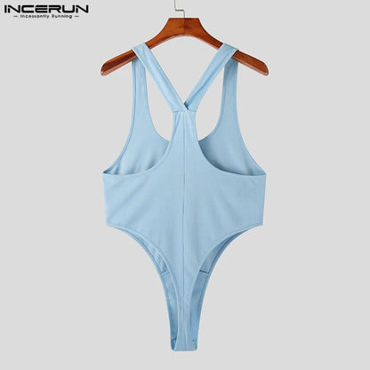 INCERUN 2024 Homewear Sexy Fashion Style Rompers Men's Low Neck Knitted Bodysuits Casual Solid Comfortable Male Jumpsuits S-5XL