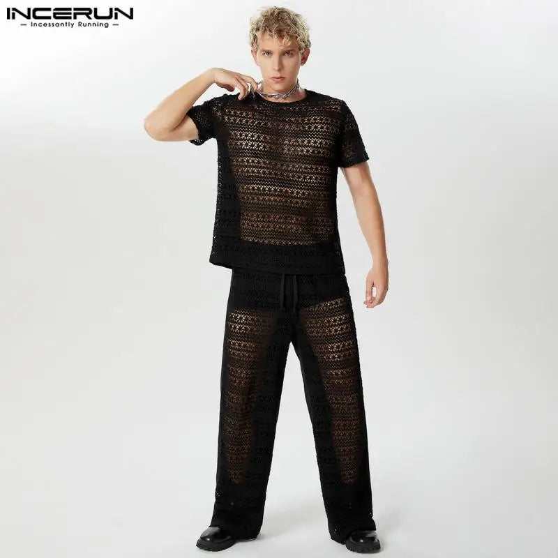 INCERUN 2024 American Style Fashion Sets Men's Hollowed Lace Short Sleeved Tops Long Pants Casual Streetwear Suit 2 Pieces S-5XL