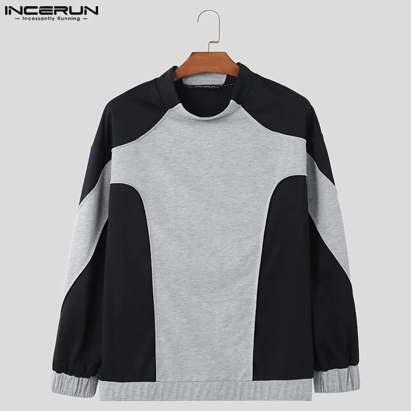 Fashion Casual Style Tops INCERUN Mens Contrast Deconstruction Design Sweaters Handsome Male O-neck Long Sleeved Pullovers S-5XL