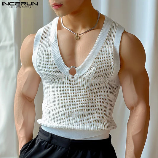 2024 männer Tank Tops Aushöhlen V-ausschnitt Ärmellose Transparent Sommer Männlichen Westen Streetwear Fashion Casual Männer Kleidung INCERUN