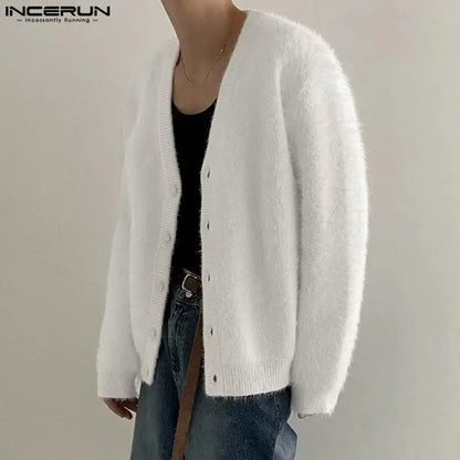 INCERUN Hommes Pulls Couleur Unie En Peluche Col En V À Manches Longues Cardigan Décontracté Hommes Streetwear 2023 Mode Loisirs Tricoté Vêtements D'extérieur