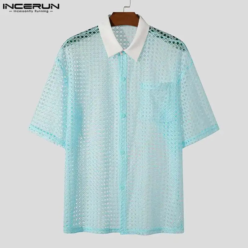 Fashion Well Fitting Tops INCERUN New Men Hollow Mesh Collar Contrast Color Shirts Casual Breathable Short Sleeved Blouse S-5XL