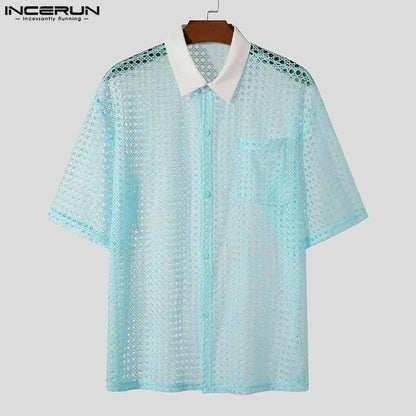 Fashion Well Fitting Tops INCERUN New Men Hollow Mesh Collar Contrast Color Shirts Casual Breathable Short Sleeved Blouse S-5XL