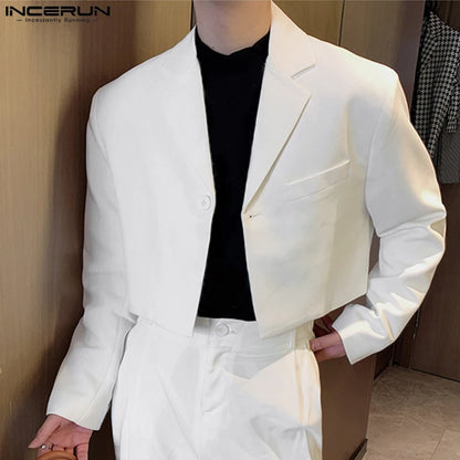 2023 Men Blazer Solid Color Lapel Long Sleeve Autumn Casual Suits One Button Streetwear Fashion Male Crop Coats S-5XL INCERUN