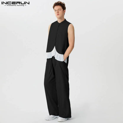 INCERUN 2024 American Style Mens Sets Stylish Ruffled Hem Splicing Stand Neck Vests Pants Leisure Streetwear Suit 2 Pieces S-5XL