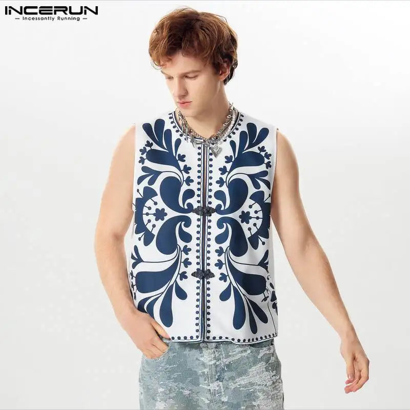 INCERUN Tops 2024 American Style Fashion Men's Buckle Design Shirts Personality Floral Pattern Sleeveless Cardigan Blouse S-5XL