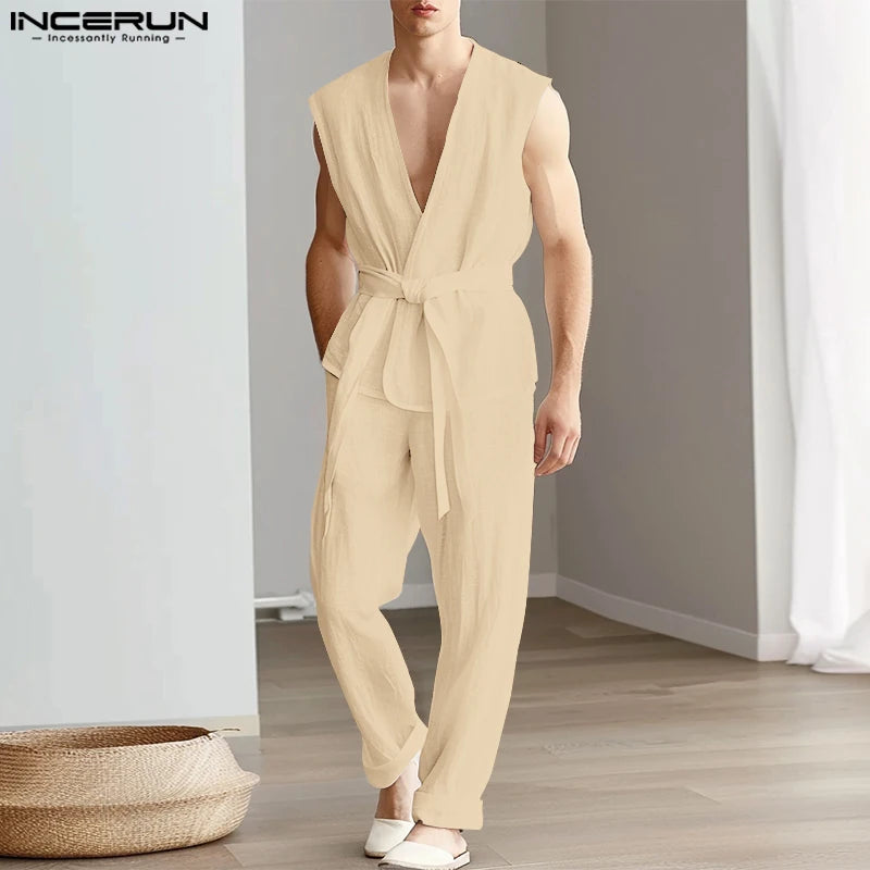 INCERUN 2024 Ensembles de style américain Casual Nouveaux hommes sans manches Cardigan Pantalon Solide Simple sans manches Streetwear Deux pièces Ensembles S-5XL