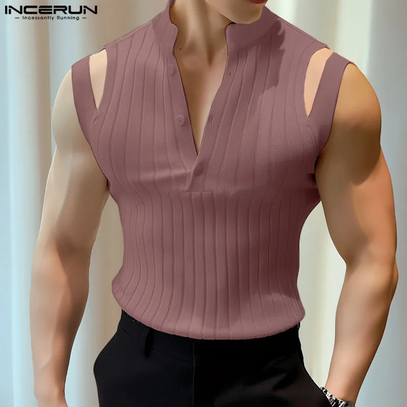 INCERUN Summer Tops Tee Fashion Sleeveless Men Tank Tops Casual Shirt V Neck Solid Hollow Out Oversized Streetwear Men Clothing