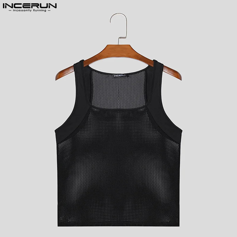 INCERUN Tops 2024 Handsome New Men's Hollowed Out Tight Knit Vests Leisure Streetwear Male Solid Color All-match Tank Tops S-5XL