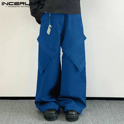 INCERUN 2024 Korean Style Trousers Men Casual Pocket Design Long Pants Stylish Well Fitting Male Solid All-match Pantalons S-5XL