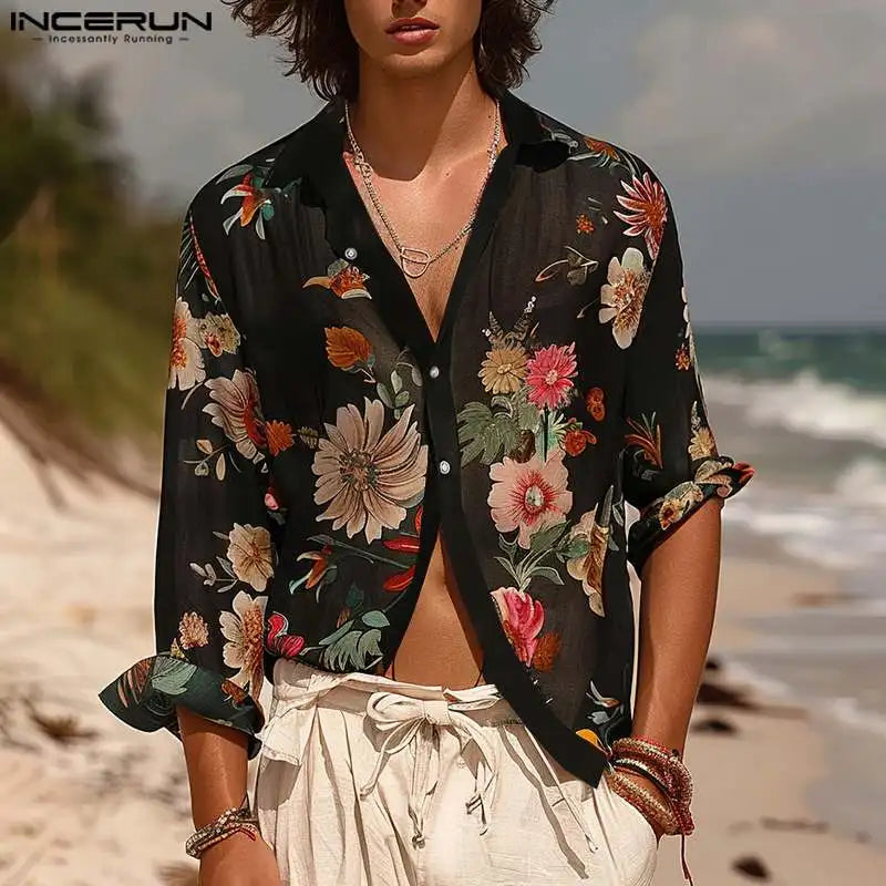 INCERUN Tops 2024 American Style Sexy Fashion Men's Flower Printed Shirt Casual Clubwear Hot Sale Thin Long Sleeved Blouse S-5XL