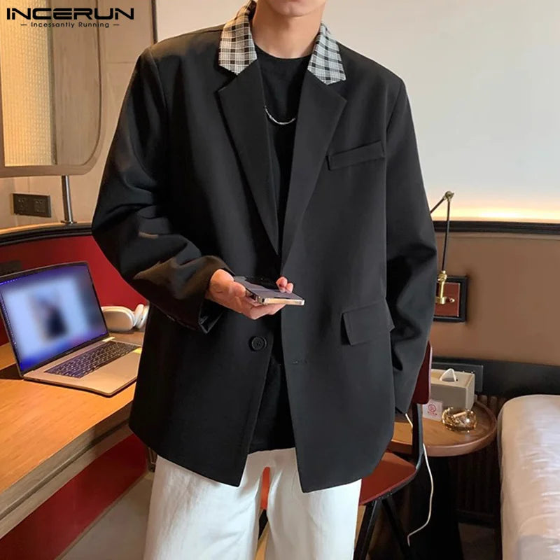 Fashion Casual Style Tops INCERUN Men's Plaid Neck Splicing Suit Coats Streetwear Handsome Male Loose Long Sleeved Blazer S-5XL