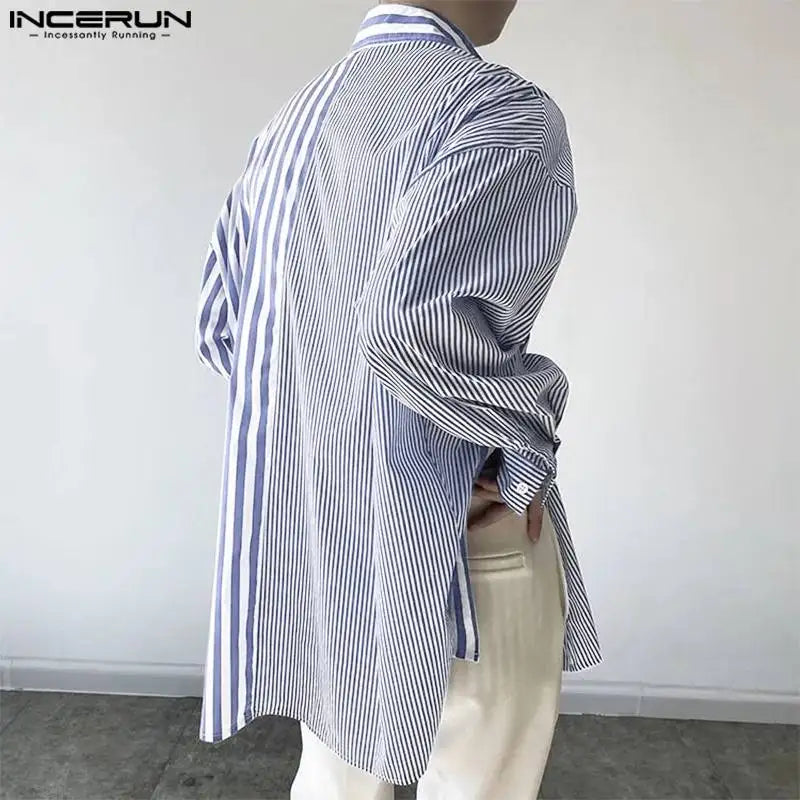 INCERUN Tops 2023 Korean Style New Men's Striped Patchwork Design Shirts Casual Streetwear Male Long Sleeved Lapel Blouse S-5XL