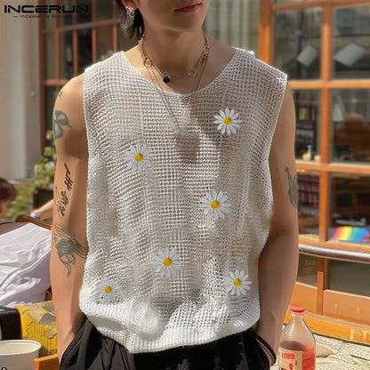 Fashion Well Fitting Tops INCERUN Men Mesh Spliced Flower Design Vests Summer Casual Male O-neck Sleeveless Tank Tops S-5XL 2024