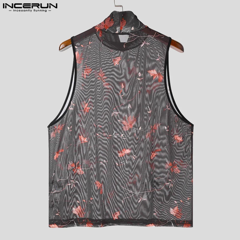 INCERUN Tops 2024 Amerikanischer Stil Neue Herren Mesh Floral Perspektive Design Westen Mode Sexy Halbhoher Hals Dünne Tank Tops S-5XL