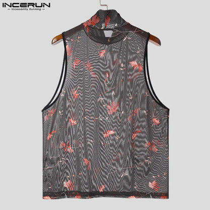 INCERUN Tops 2024 Style américain Nouveaux hommes Mesh Floral Perspective Design Gilets Mode Sexy Semi-haut col mince Débardeurs S-5XL