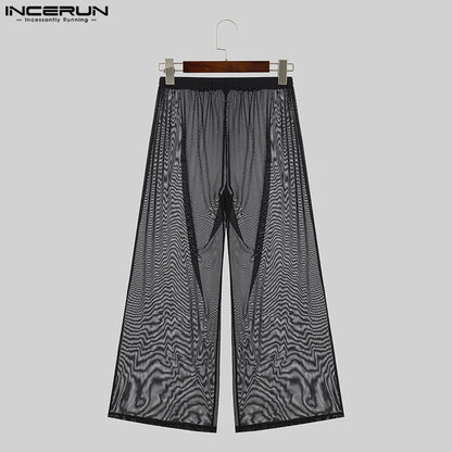 Pantalon large pour homme, en maille transparente, taille élastique ample, pantalon de streetwear, sexy, couleur unie, à la mode, 2024