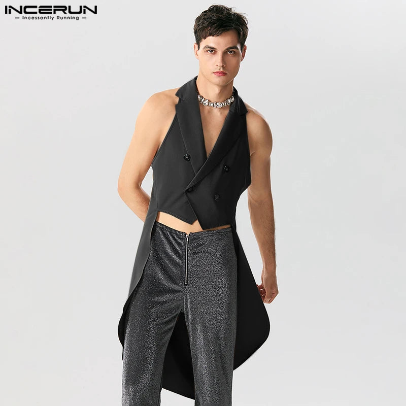 INCERUN Tops 2023 Gilets de conception d'ourlet irrégulier de style américain pour hommes Gilets de costume sans manches solides et longs décontractés S-5XL