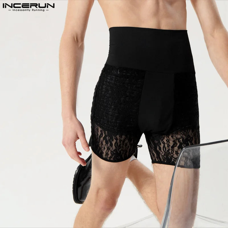 INCERUN 2024 Sexy Mens Homewear Lace Perspective Sleepwear Casual Fashionable Male Thin Comfortable Spliced Elastic Shorts S-5XL