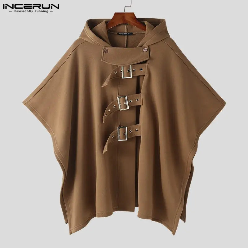 2023 Men Cloak Coats Solid Color Hooded Button Irregular Trench Ponchos Streetwear Loose Fashion Casual Male Cape S-5XL INCERUN