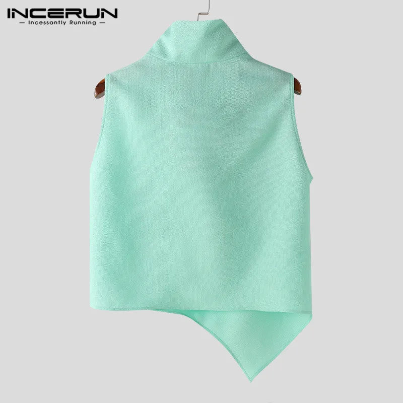 INCERUN Tops 2024 Korean Style New Mens Swing Collar Texture Irregular Hem Vests Casual Clubwear Male Sleeveless Tank Tops S-5XL