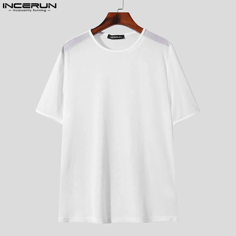 2024 Men T Shirts Mesh Transparent O-neck Short Sleeve Streetwear Men Clothing Solid Color Sexy Fashion Camisetas S-3XL INCERUN