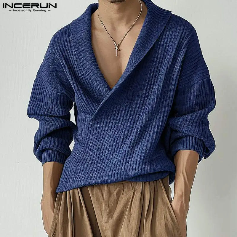 INCEUN Tops 2024 Modische Herren Strickpullover mit Streifenmuster, lässige Streetwear, einfarbiger Revers, langärmelige Pullover, S-5XL