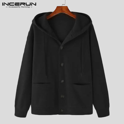 INCERUN Tops 2023 Korean Style Mens Solid Loose Fitting Hooded Button Design Sweater Casual All-match Hot Sale Sweatshirts S-5XL