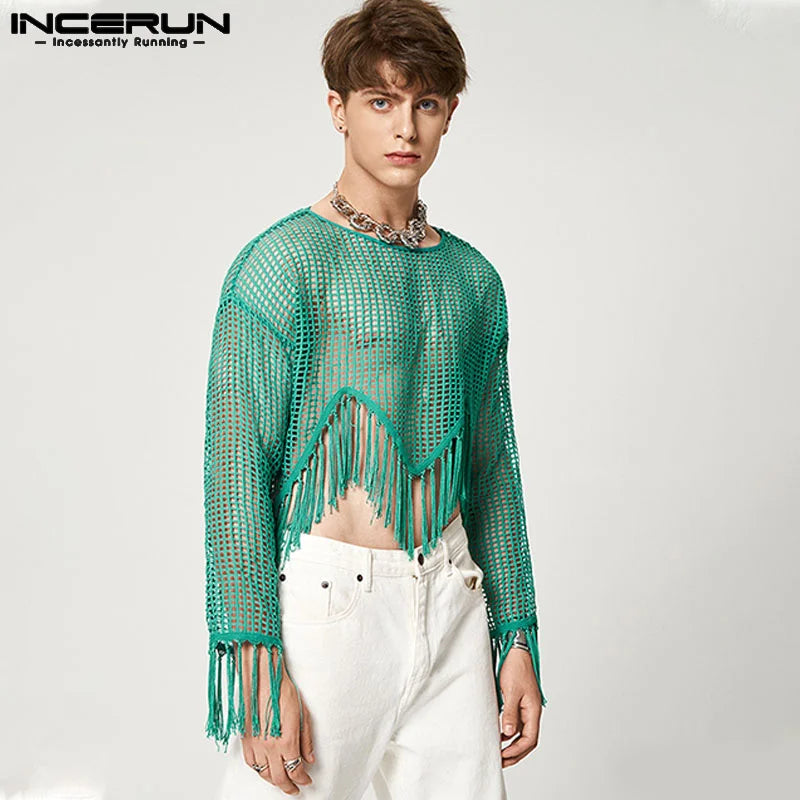 Stylish Well Fitting Tops INCERUN New Men's Knitted Hollow Mesh T-shirts Sexy Breathable Tassel Short Long Sleeve Camiseta S-5XL