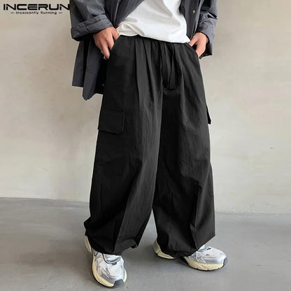 INCERUN 2024 Amerikanischen Stil Pantalons Männer Mode Lose Fracht Lange Hose Freizeit Streetwear Solide Taschen Breite Bein Hose S-5XL