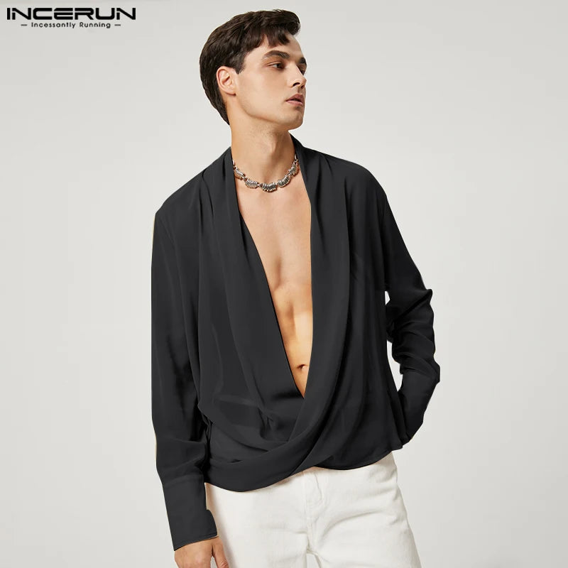 INCERUN Tops 2023 Style américain Nouvelle mode pour hommes Rayures lumineuses Pile Blouse Casual Couleur unie Cross Manches longues Chemises S-5XL