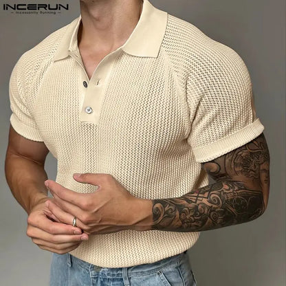 INCERUN Tops 2024 Korean Style Fashion Men's Raglan Sleeve Texture Mesh T-shirts Summer Male Short Sleeved Lapel Camiseta S-5XL