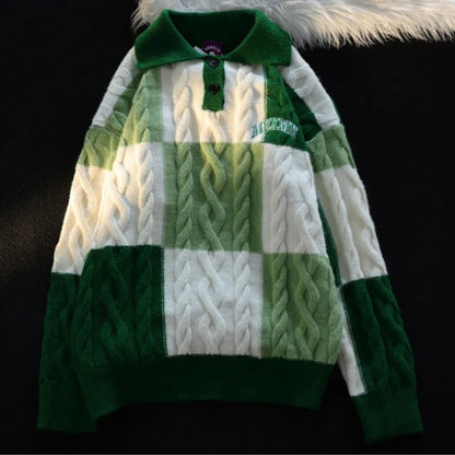 HOUZHOU Pull tricoté vintage à carreaux vert pour homme, pull à carreaux Y2K bleu, pull d'hiver Harajuku japonais