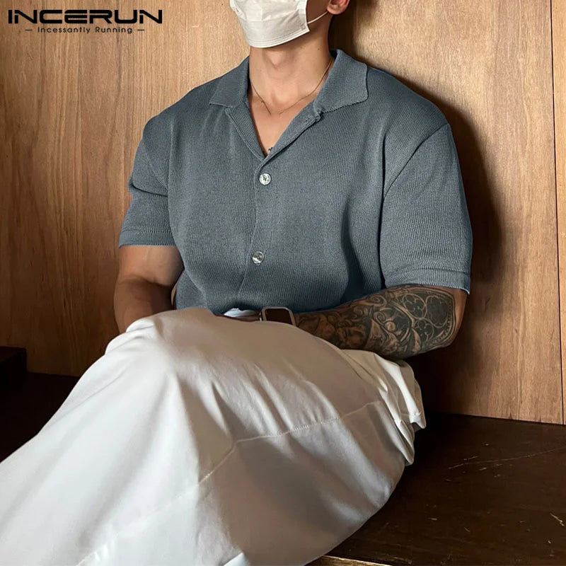 INCERUN Men Shirt Solid Color 2023 Lapel Short Sleeve Korean Style Men Clothing Streetwear Summer Knitted Casual Shirts S-5XL