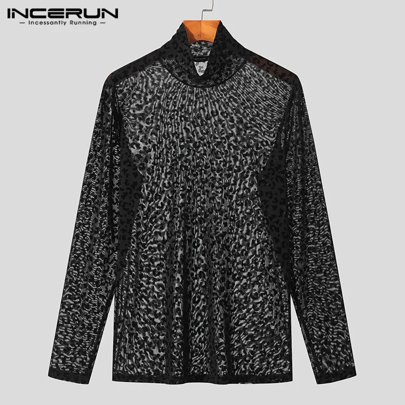 INCERUN Männer T Shirt Leopard Print Rollkragen Mesh Sexy Langarm Durchsichtig Camisetas 2023 Streetwear Fashion Männer Kleidung