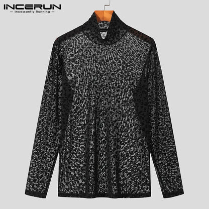 INCERUN Men T Shirt Leopard Print Turtleneck Mesh Sexy Long Sleeve See Through Camisetas 2023 Streetwear Fashion Men Clothing