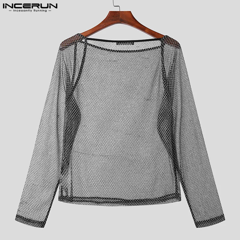 Sexy Fashionable Style Tops INCERUN Men Sparkling See-through Mesh Fabric T-shirt Male Hollow Design Long Sleeved Camiseta S-3XL