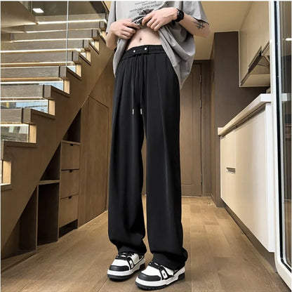 HOUZHOU Summer Suit Pants Men Ice Silk Wide Leg Pants High Waist Trousers Male Quick Drying Korean Business Office Casual