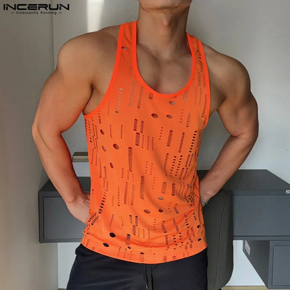 Männer Tank Tops Aushöhlen Solide O-ansatz Ärmelloses Männlichen Westen Streetwear 2024 Fitness Sommer Mode Männer Kleidung INCERUN S-5XL