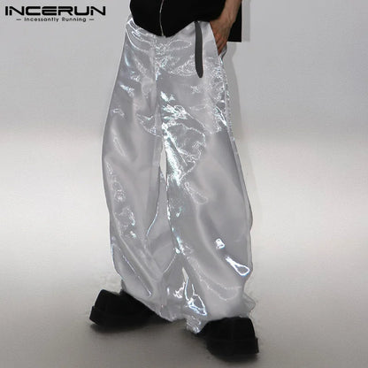 INCERUN 2024 Korean Style Pantalons Men Stylish Sparkling Fabric Design Long Pant Leisure Clubwear Hot Sale Solid Trousers S-5XL