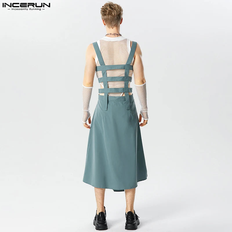 INCERUN 2023 Amerikanischen Stil Herren Plissee Design Röcke Hosen Casual Street Unregelmäßigen Saum Solide Riemen Halb Rock Overalls S-5XL