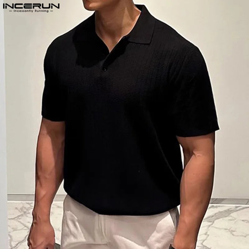 INCERUN Tops 2024 Korean Style Men Summer Texture Knitted Design Shirts Casual Streetwear Solid Short Sleeved Lapel Blouse S-5XL